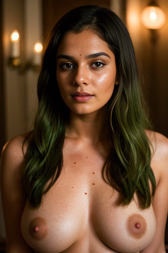 nude young woman with green hair posing nude